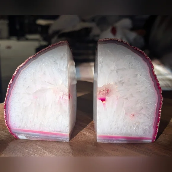 Brazilian Geode Pink White Quartz Agate Polished Bookends Set Dyed Stone Decor - Picture 1 of 11